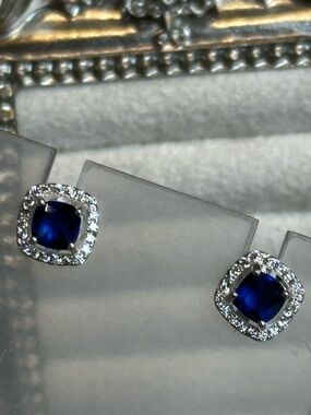 Gold Over Sterling Silver Stud Earrings Blue Cushion Cut Cubic Zirconia Halo